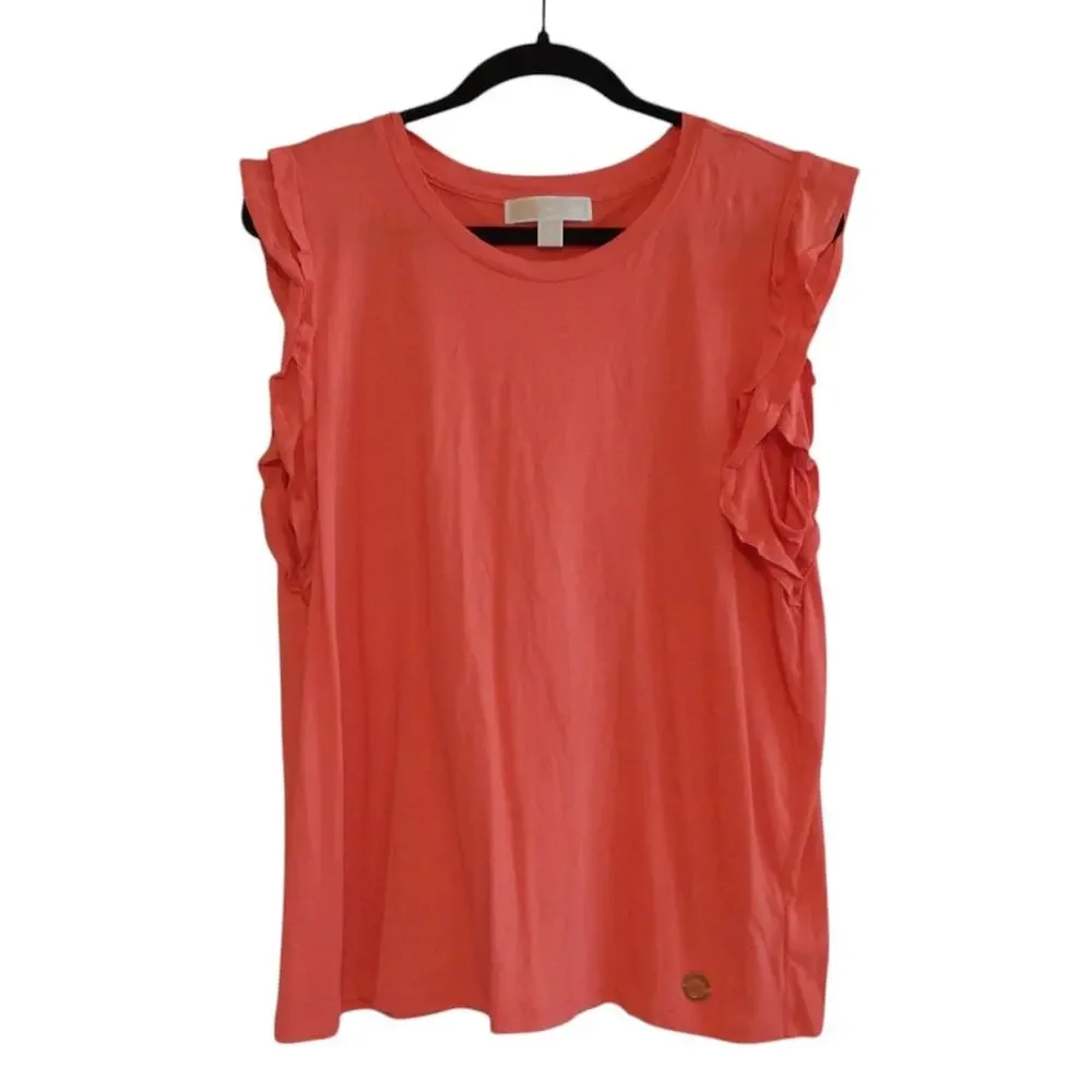 Michael Kors Top Blouse Ruffled Cap Sleeve Crewneck Orange Red Size XL